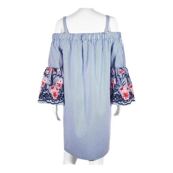 J Howard Dress Size 14 Striped Embroidered Bell Sleeve Blue White Red Beachy - Picture 5 of 9